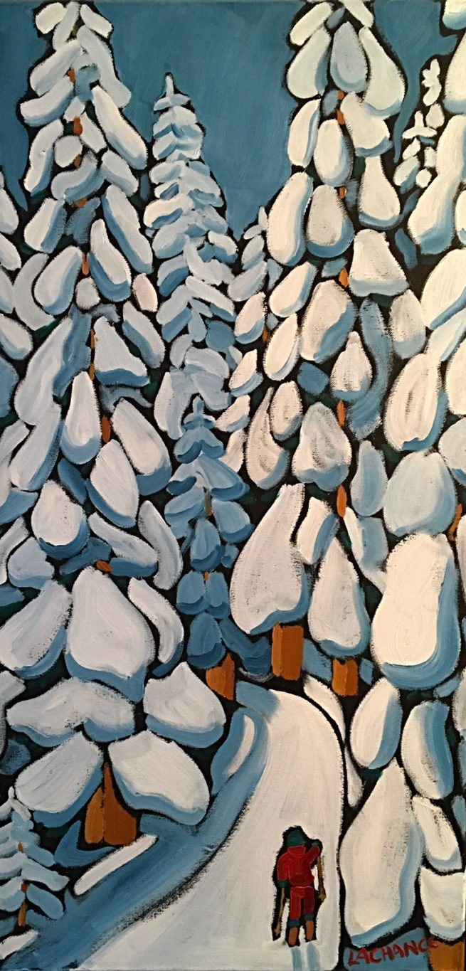 View of a cross-country skier in the forest after a snow storm - Vue d'un skieur de fond dans la forêt après une tempête de neige - 24 X 48 Dominic Lachance artiste peintre, motisme, painter, motism