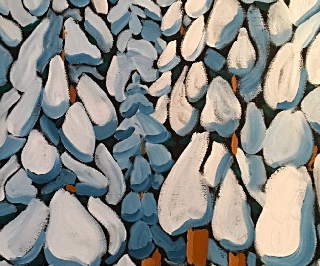 View of a cross-country skier in the forest after a snow storm - Vue d'un skieur de fond dans la forêt après une tempête de neige - 24 X 48 Dominic Lachance artiste peintre, motisme, painter, motism