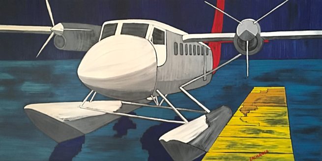 View of a seaplane upon arrival to Vancouver - Vue d'un hydravion arrivant à Vancouver - 48 X 96 Dominic Lachance artiste peintre, motisme, artist, motism 48X96