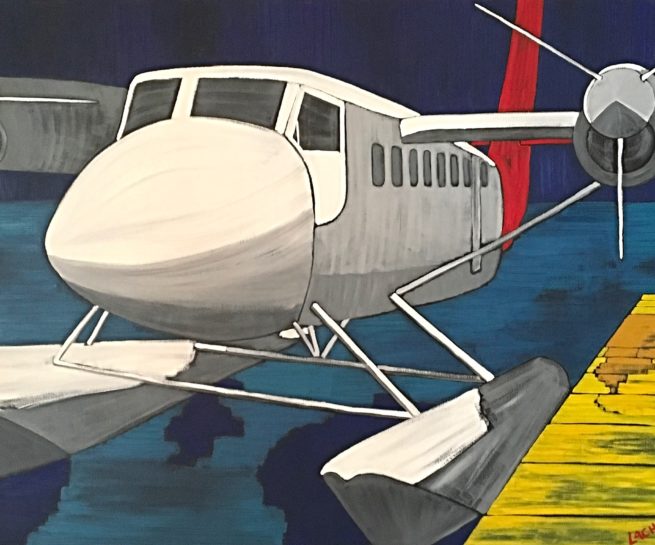 View of a seaplane upon arrival to Vancouver - Vue d'un hydravion arrivant à Vancouver - 48 X 96 Dominic Lachance artiste peintre, motisme, artist, motism 48X96