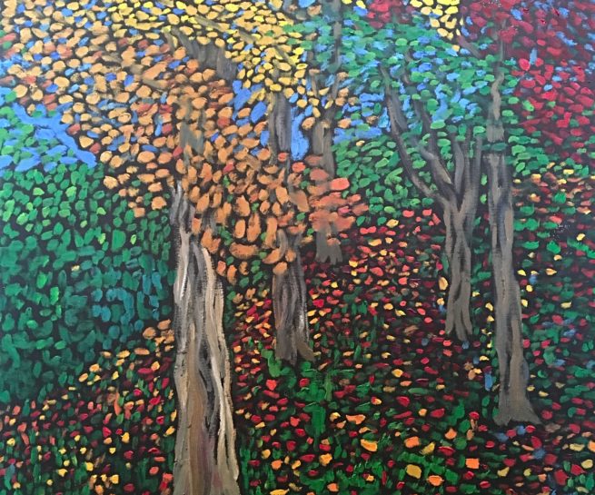 View of colored trees in the Fall - Vue d'arbres en couleurs à l'automne - 36 X 24 Dominic Lachance artiste peintre, motisme, painter, motism