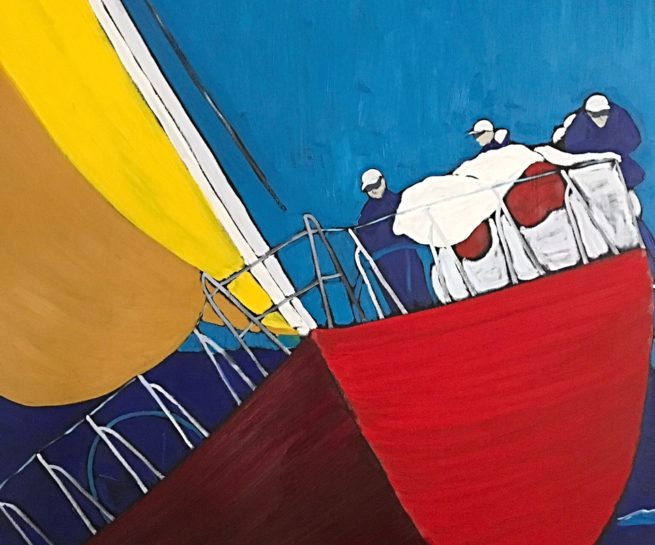 View of a crew sailing - Vue d'un équipage sur un voilier - 72 X 48 Dominic Lachance artiste peintre, motisme, painter, motism