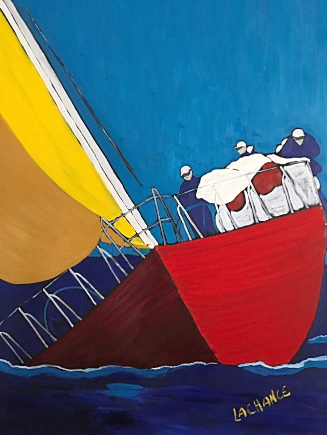 View of a crew sailing - Vue d'un équipage sur un voilier - 72 X 48 Dominic Lachance artiste peintre, motisme, painter, motism
