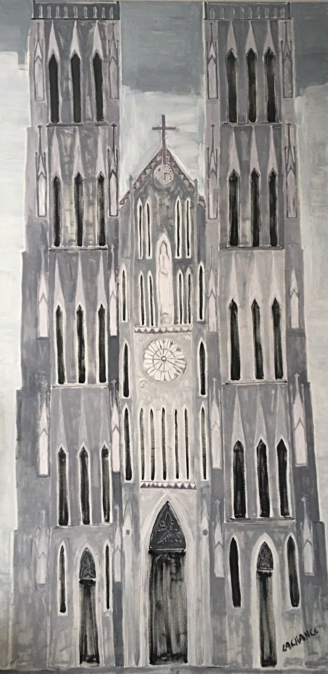 View of a Catholic Church in Hanoï, Vietnam - Vue d'une église catholique à Hanoï, Vietnam - 96 X 48 - Dominic Lachance artiste peintre, motisme, painter, motism
