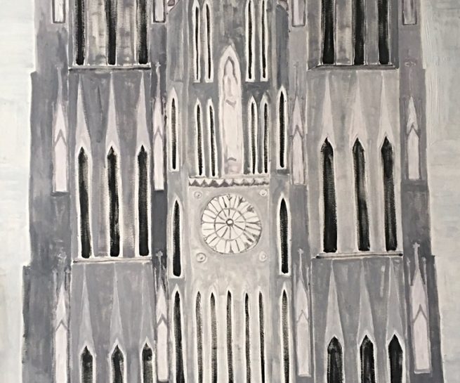 View of a Catholic Church in Hanoï, Vietnam - Vue d'une église catholique à Hanoï, Vietnam - 96 X 48 - Dominic Lachance artiste peintre, motisme, painter, motism