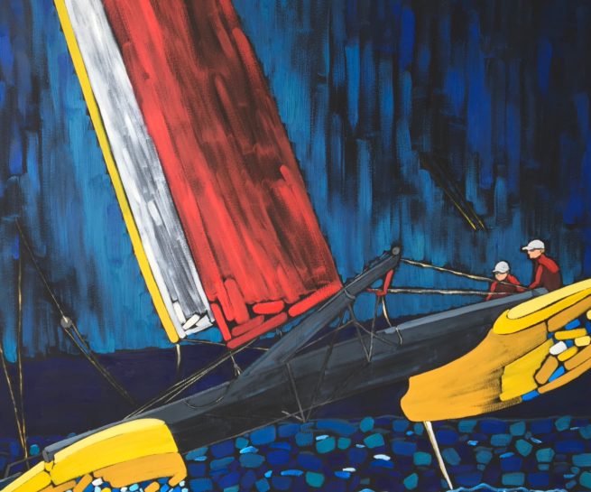 View of a cruising catamaran - Vue d'un catamaran en mer filant à toute vitesse - 48 X 48 Dominic Lachance artiste peintre, motisme, painter, motism