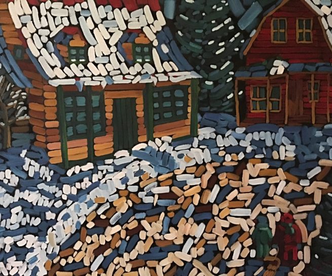 View of Canadian houses covered with snow - Vue de maisons canadiennes couvertes de neige - 30 X 40 Dominic Lachance artiste peintre, motisme, painter, motism