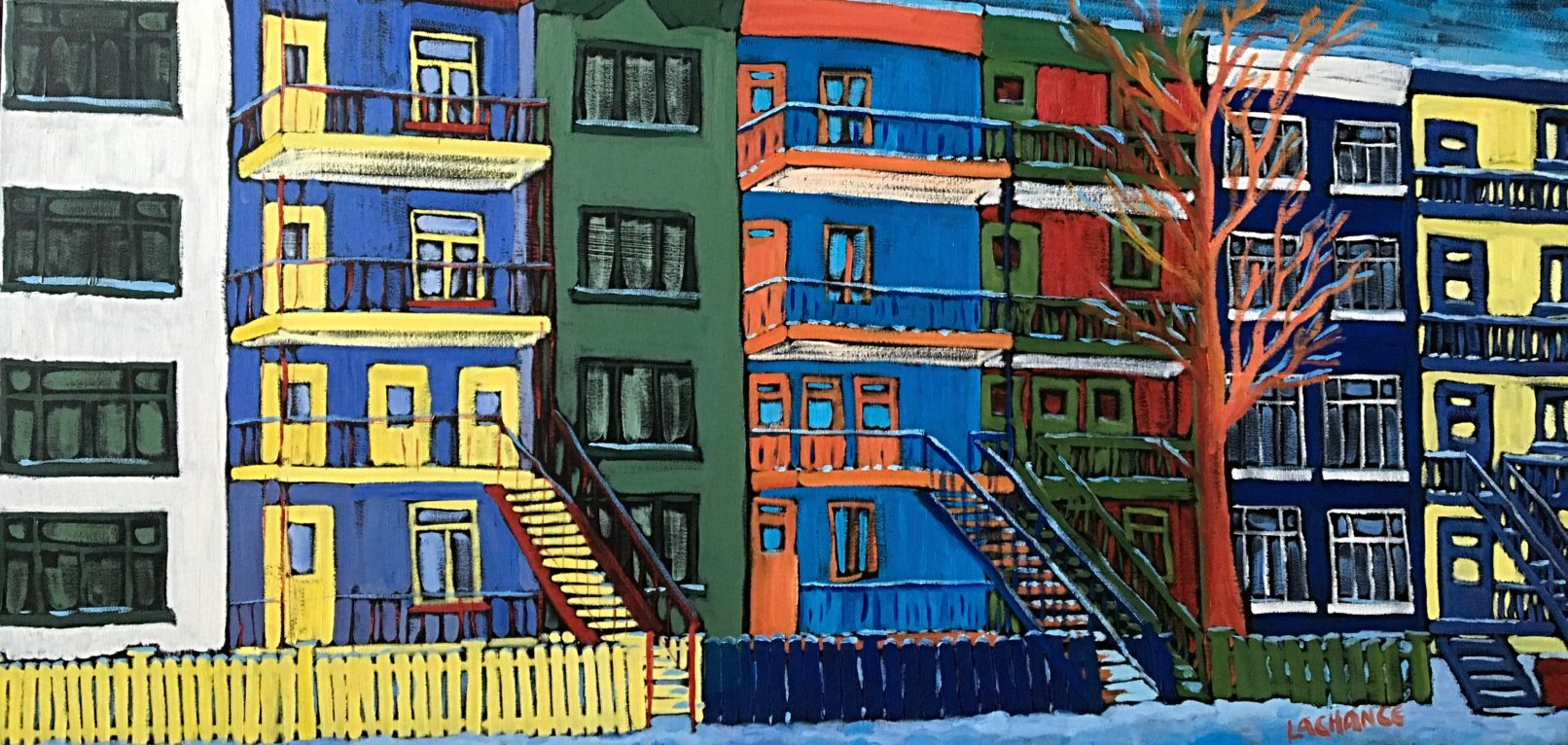 View of Fraser street, Quebec City in winter - Vue de la rue Fraser à Québec en hiver - 24 X 48 Dominic Lachance artiste peintre, motisme, painter, motism