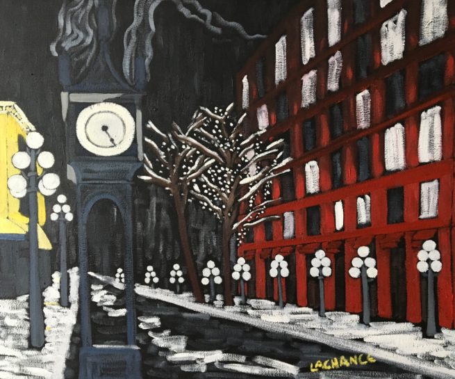 View of Gastown in Vancouver in the snow - Vue de Gastown à Vancouver sous la neige - 24 X 30 Dominic Lachance artiste peintre, motisme, painter, motism
