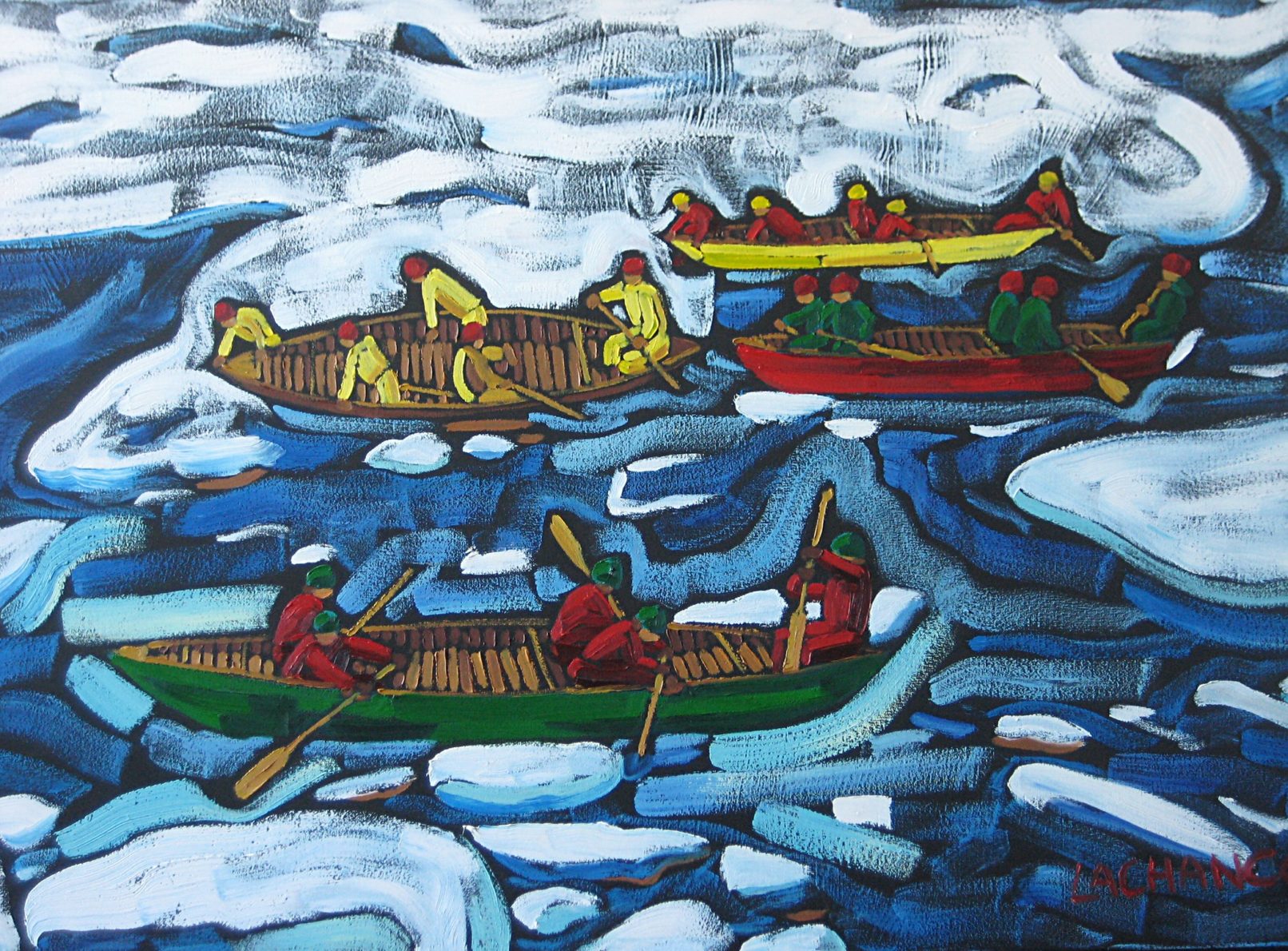 View of an ice canoeing race in Quebec City Canada - Vue d'une course de canots à glace à Québec, Canada - Dominic Lachance artiste peintre, motisme, painter, motism
