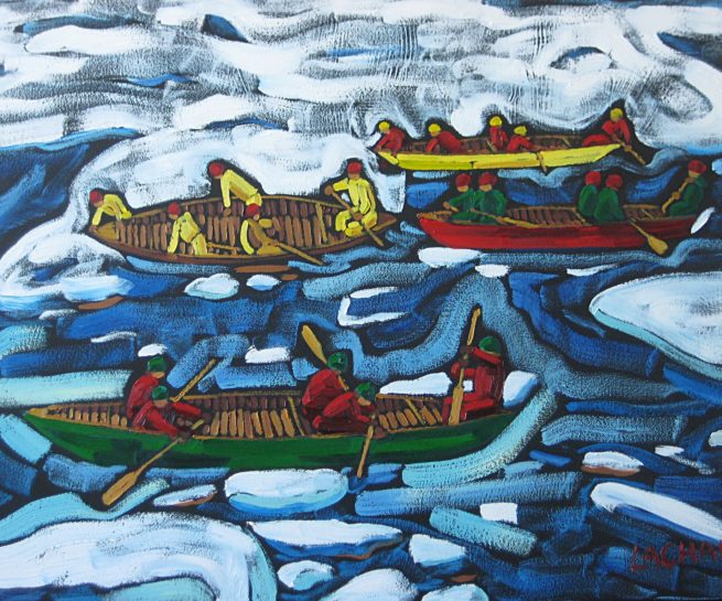 View of an ice canoeing race in Quebec City Canada - Vue d'une course de canots à glace à Québec, Canada - Dominic Lachance artiste peintre, motisme, painter, motism