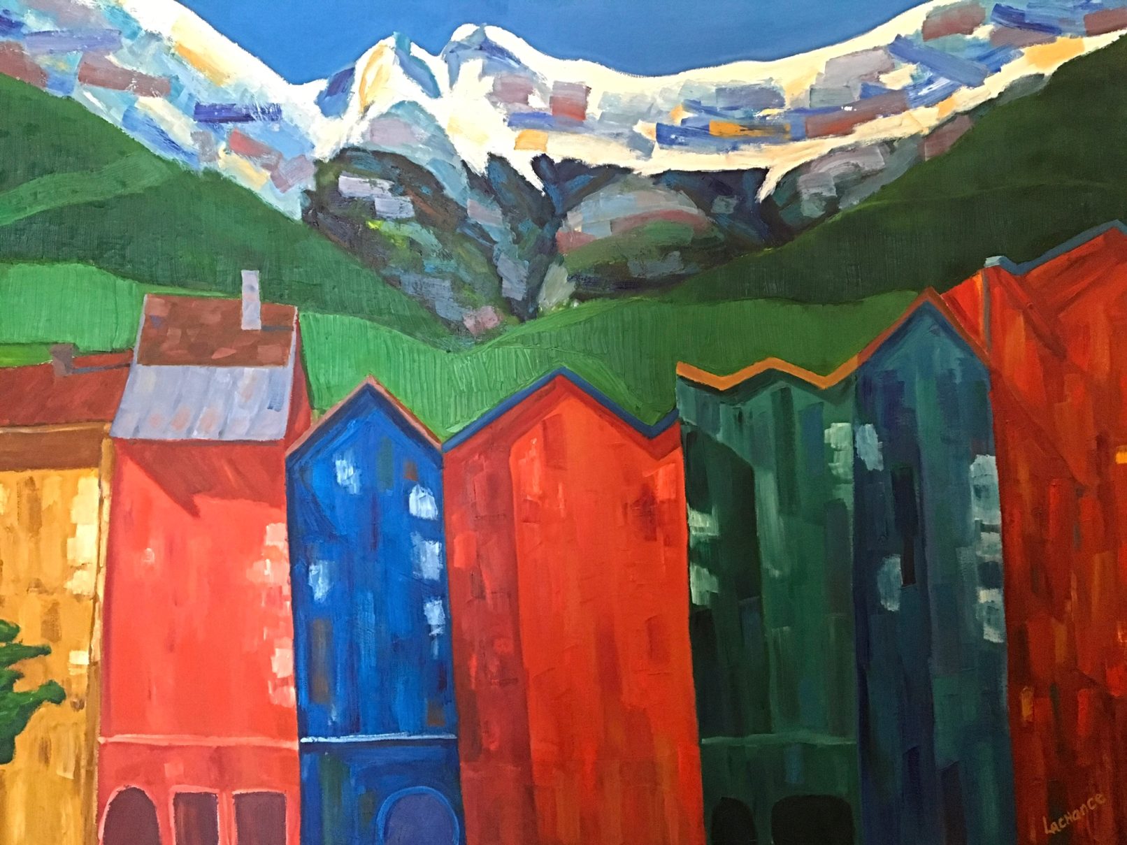 View of mountains covered with snow behing Innsbruck, Austria - Vue de montagnes enneigées derrière Innsbruck, Autriche - 36 X 48 Dominic Lachance artiste peintre, motisme, painter, motism