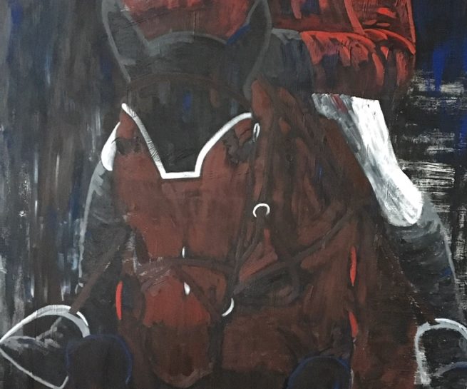 View of a jump on horseback - Vue d'un saut à cheval - 96 X 48 Dominic Lachance artiste peintre, motisme, painter, motism