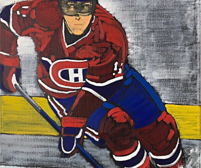 View of a Canadian left wing in action - Vue d'un ailier gauche du Canadien en action - 36 X 18 Dominic Lachance artiste peintre, motisme, painter, motism