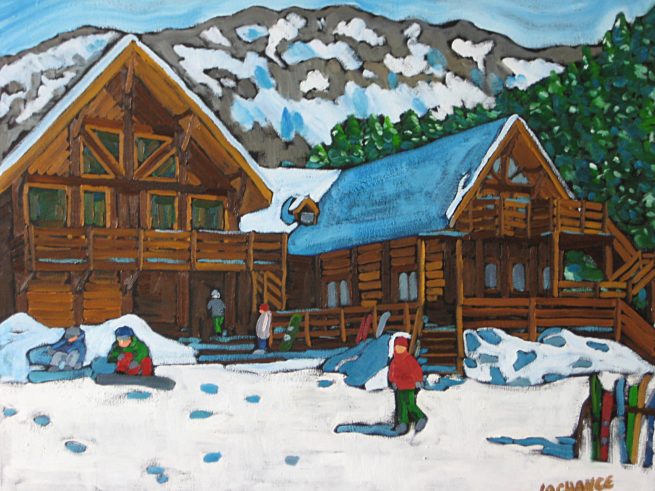 View of a lodge in Banff, Alberta in winter - Vue d'un chalet en hiver à Banff en Alberta, Canada - Dominic Lachance artiste peintre, motisme, painter, motism