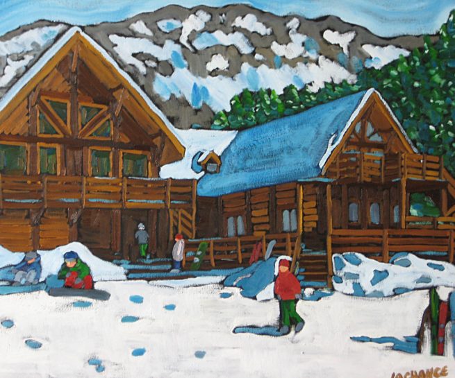 View of a lodge in Banff, Alberta in winter - Vue d'un chalet en hiver à Banff en Alberta, Canada - Dominic Lachance artiste peintre, motisme, painter, motism