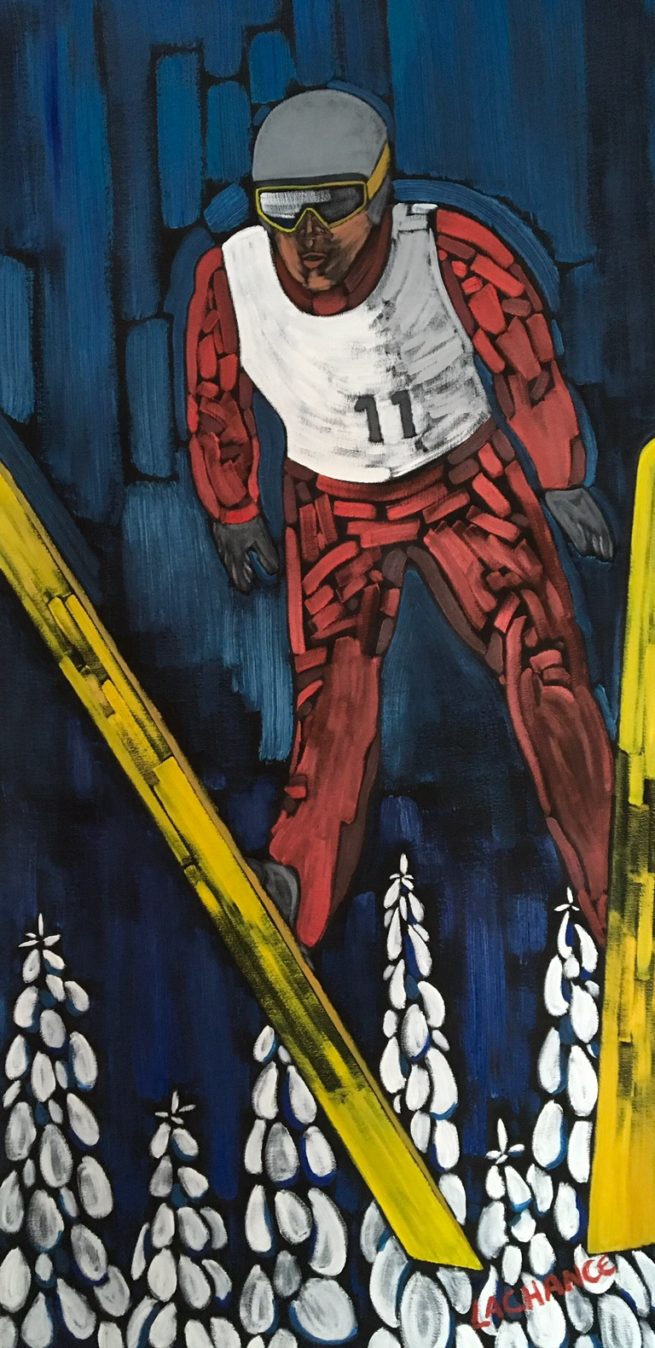 View of a skier long jumping - Vue d'un skieur sautant en longueur - 48 X 24 Dominic Lachance artiste peintre, motisme, painter, motism