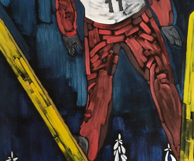 View of a skier long jumping - Vue d'un skieur sautant en longueur - 48 X 24 Dominic Lachance artiste peintre, motisme, painter, motism