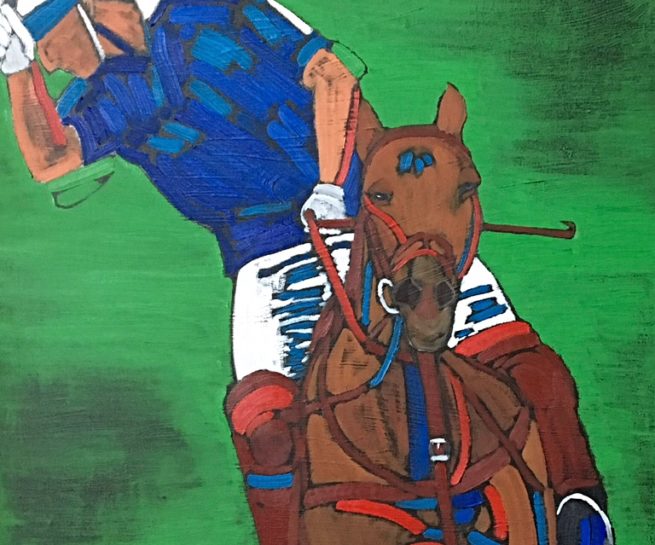 View of a polo player hitting an off-side backhand - Vue d'un joueur de polo frappant un revers - 48 X 24 Dominic Lachance artiste peintre, motisme, painter, motism