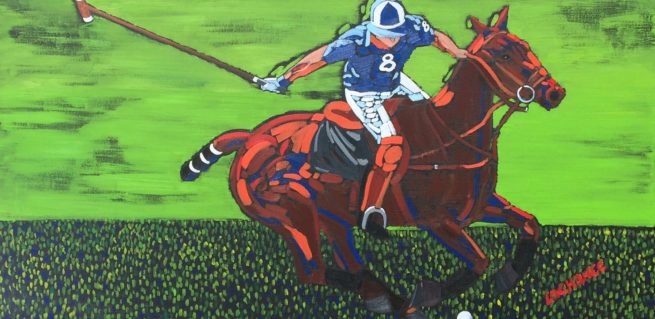 View of a polo player preparing his shot - Vue d'un joueur de polo préparant son coup - Dominic Lachance artiste peintre, motisme, painter, motism