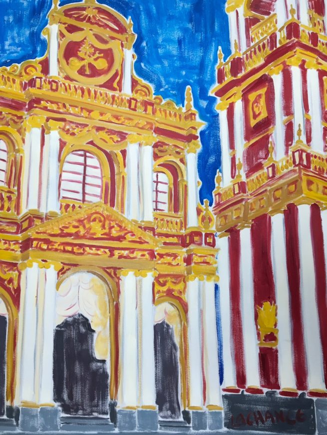 View of a beautiful Catholic Church in Salta Argentina - Vue d'une belle église catholique à Salta, Argentine - 48 X 36 Dominic Lachance artiste peintre, motisme, painter, motism