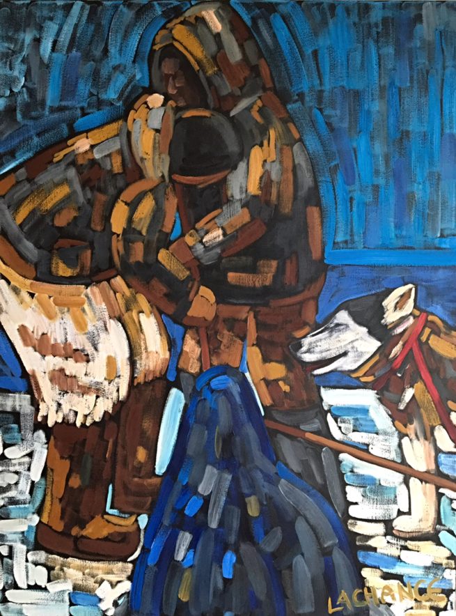 View of Eskimos seal hunting while dog is watching - Vue d'Esquimaux chassant le phoque sous les yeux du chien - 48 X 36 Dominic Lachance artiste peintre, motisme, painter, motism