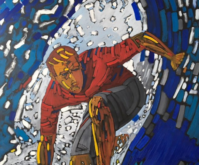 View of a surfer in a barrel - Vue d'un surfer dans un barrel ou tube - 72 X 48 Dominic Lachance artiste peintre, motisme, painter, motism