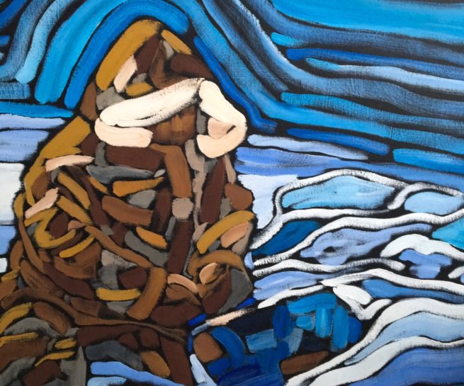 View of a survival scene, an eskimo builiding an igloo - Vue d'une scène de survie, un esquimau construisant un igloo - 36 X 30 Dominic Lachance artiste peintre, motisme, painter, motism