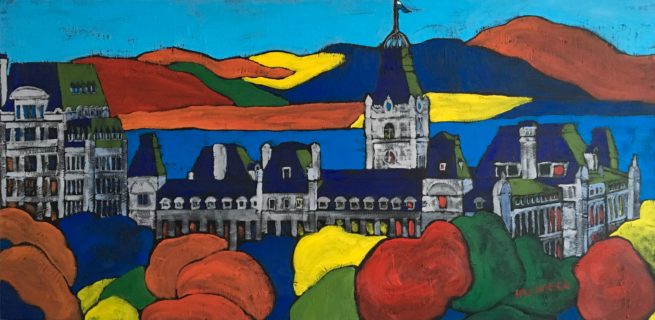 View of the Quebec Parliement from my condo - Vue du Parlement de Québec de mon condo - 24 X 48 Dominic Lachance artiste peintre, motisme, painter, motism