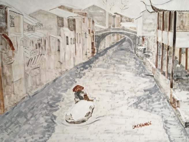 View of a water village, Zhouzhuang in China - Vue de la ville de canaux de Zhouzhuang, Chine - 48 X 72 Dominic Lachance artiste peintre, motisme, painter, motism