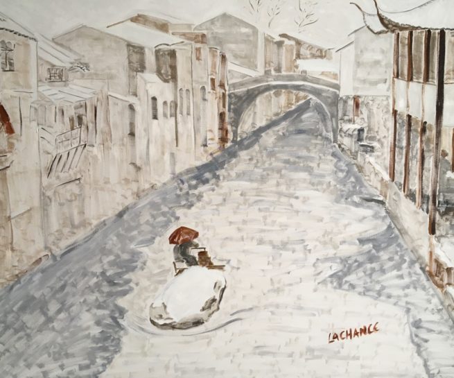 View of a water village, Zhouzhuang in China - Vue de la ville de canaux de Zhouzhuang, Chine - 48 X 72 Dominic Lachance artiste peintre, motisme, painter, motism