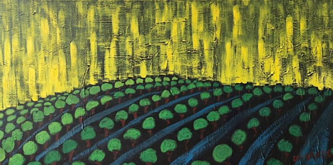 View of a winery from an inspiration after visiting St-Emilion near Bordeaux, France - Vue d'un vignoble s'inspirant d'une visite à St-Émilion près de Bordeaux, France - 30 X 60 Dominic Lachance artiste peintre, motisme, painter, motism