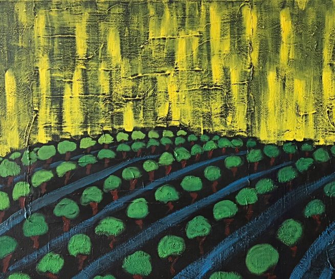 View of a winery from an inspiration after visiting St-Emilion near Bordeaux, France - Vue d'un vignoble s'inspirant d'une visite à St-Émilion près de Bordeaux, France - 30 X 60 Dominic Lachance artiste peintre, motisme, painter, motism