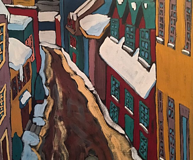 View of a Petit Camplain street in Quebec in winter - Vue d'une rue du Petit Champlain à Québec en hiver - 30 X 24 Dominic Lachance artiste peintre, motisme, painter, motism