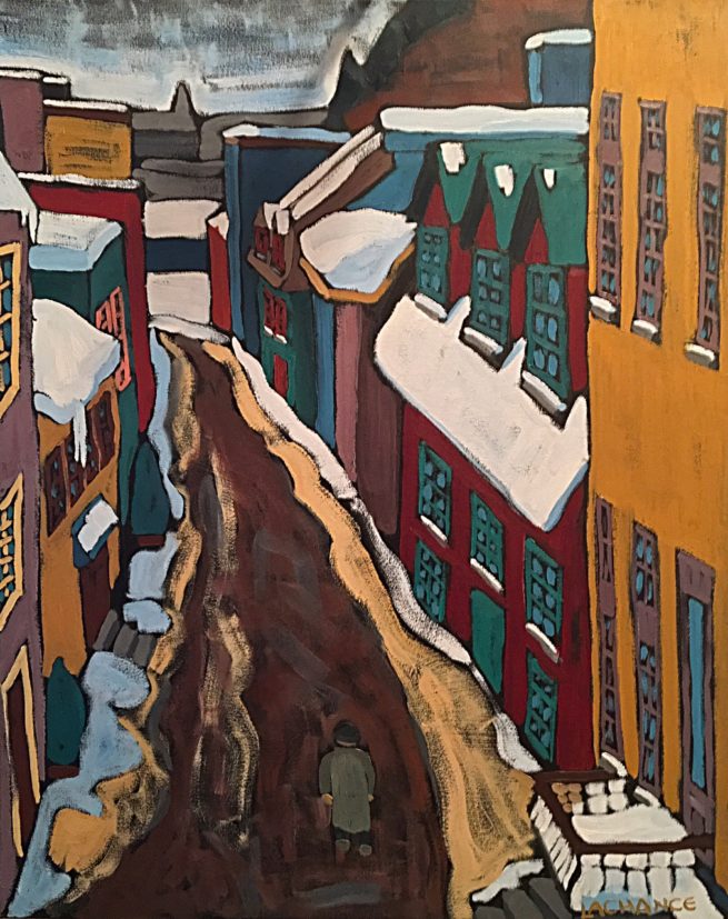 View of a Petit Camplain street in Quebec in winter - Vue d'une rue du Petit Champlain à Québec en hiver - 30 X 24 Dominic Lachance artiste peintre, motisme, painter, motism