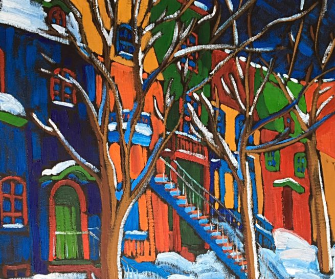Peinture de l'artiste peintre motiste Dominic Lachance représentant une rue enneigée du Quartier Montcalm, Québec, Canada / Painting by motist Artist Dominic Lachance representing a street in snow in Montcalm, Quebec City, Canada