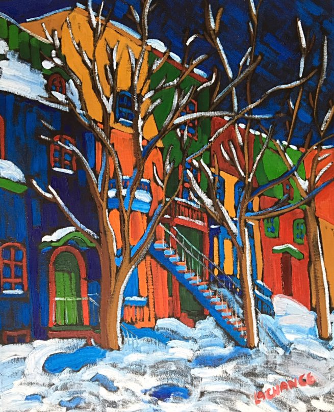 Peinture de l'artiste peintre motiste Dominic Lachance représentant une rue enneigée du Quartier Montcalm, Québec, Canada / Painting by motist Artist Dominic Lachance representing a street in snow in Montcalm, Quebec City, Canada