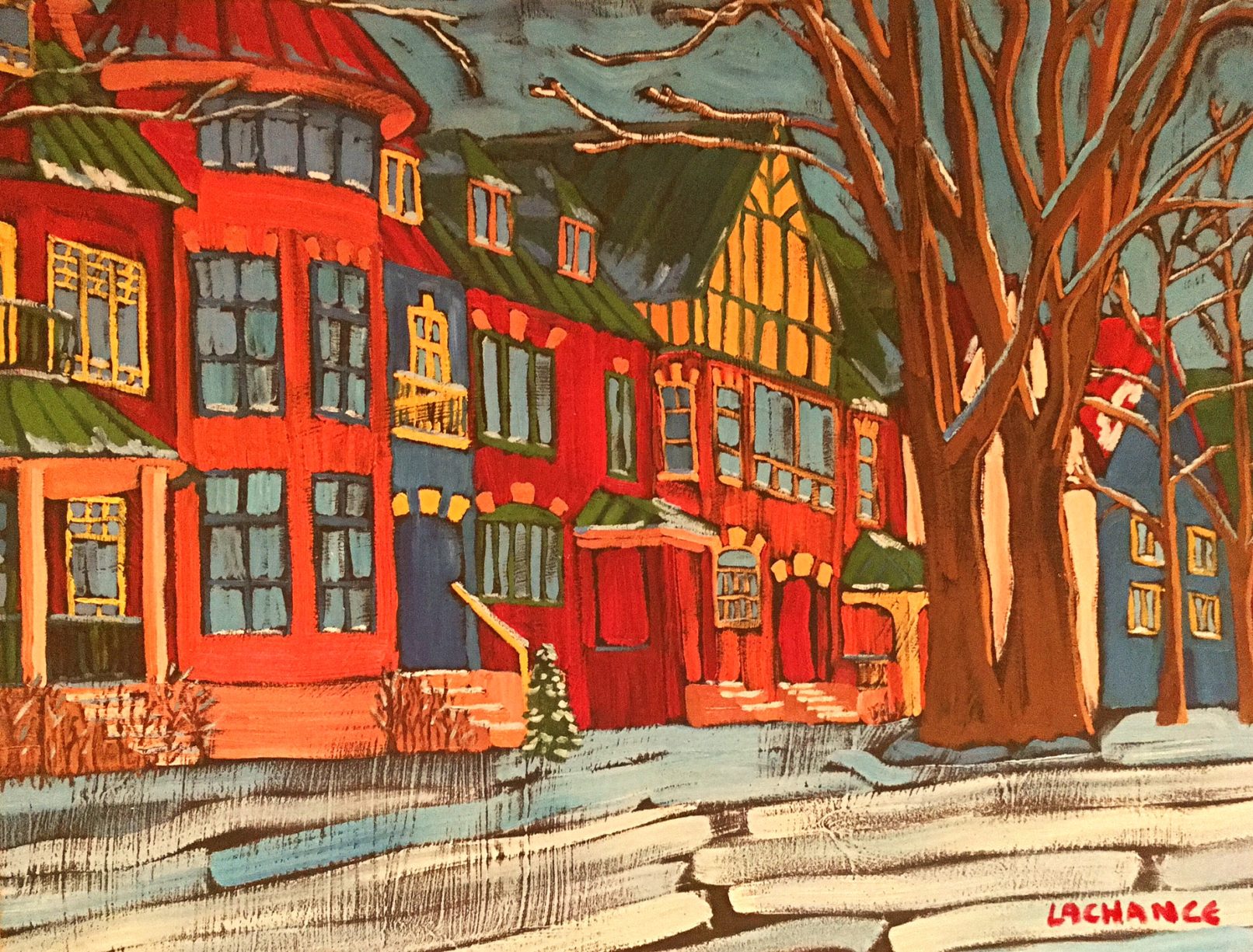 Peinture de l'artiste peintre motiste Dominic Lachance représentant une rue enneigée du Quartier Montcalm, Québec, Canada / Painting by motist Artist Dominic Lachance representing a street in snow in Montcalm, Quebec City, Canada