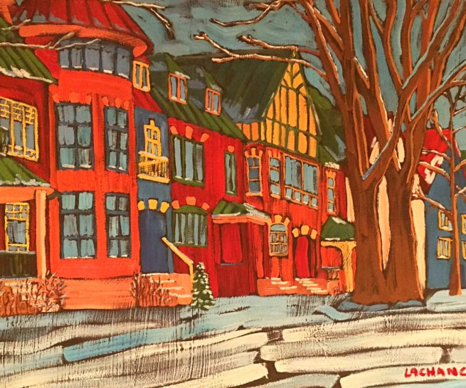 Peinture de l'artiste peintre motiste Dominic Lachance représentant une rue enneigée du Quartier Montcalm, Québec, Canada / Painting by motist Artist Dominic Lachance representing a street in snow in Montcalm, Quebec City, Canada
