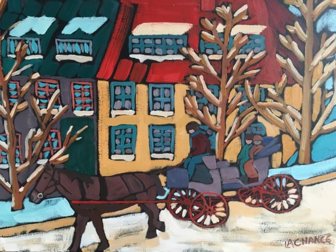 Peinture de l'artiste peintre motiste Dominic Lachance représentant une calèche dans le Vieux-Québec en face du Château Frontenac / Horse Drawn carriage near the Chateau Frontenac in Old Quebec Dominic Lachance artist painter, Quebec Canada 18X24