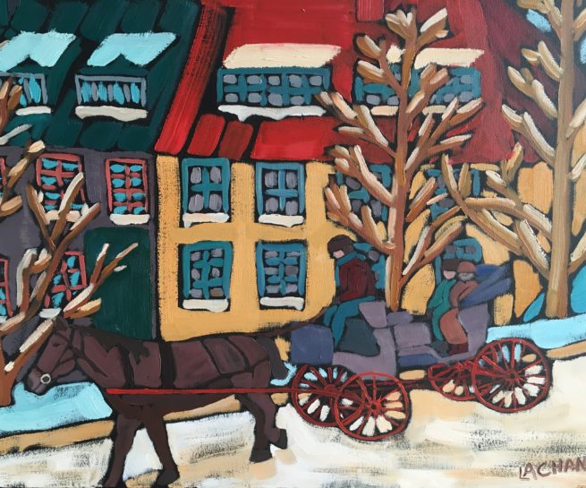 Peinture de l'artiste peintre motiste Dominic Lachance représentant une calèche dans le Vieux-Québec en face du Château Frontenac / Horse Drawn carriage near the Chateau Frontenac in Old Quebec Dominic Lachance artist painter, Quebec Canada 18X24